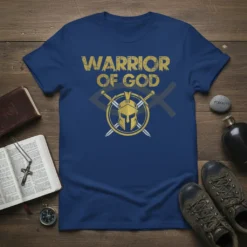 Warrior Of God t-shirt with distressed yellow text and a Spartan helmet emblem surrounded by crossed swords and a subtle