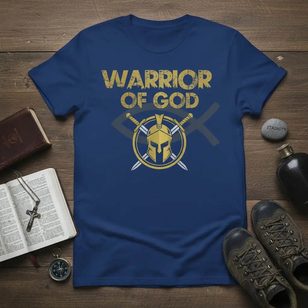 Warrior Of God Christian t-shirt featuring bold yellow text and a warrior helmet emblem with crossed swords