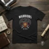 Warriors 3•3•3• t-shirt design with a dragon, lion shield, and crossed swords, white text on black tee