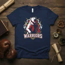 Navy t-shirt with a fierce bear mascot design and the word WARRIORS in bold lettering, representing team spirit