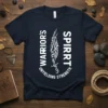 Warrior's Spirit Unyielding Strength quote on a navy t-shirt with tribal warrior graphic