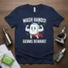 Wash Hands! Germs Beware! T-Shirt design with a muscular soap character and bold text