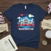 Washington DC skyline graphic tee with Capitol Building, Washington Monument, and cherry blossoms, includes the word WASHINGTON