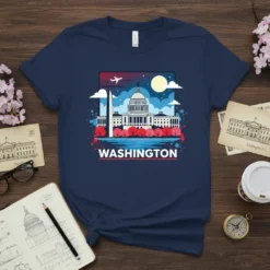 Washington DC skyline graphic tee with Capitol Building, Washington Monument, and cherry blossoms, includes the word WASHINGTON