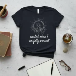 Dark t-shirt with white text "wasted when I am fully present" and a meditating figure graphic