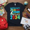 T-shirt with colorful text "Watch Out! 2nd Grade Here I Come! Future Class of 2034" for a second-grade student