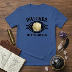 Watcher of the Cosmos t-shirt with black typography and a golden eye graphic representing space