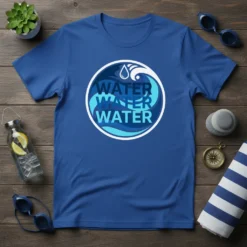 Blue t-shirt with the words WATER WATER WATER repeated in a circular wave design, symbolizing water and ocean themes
