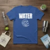 Blue t-shirt with white text "WATER" above a wave and droplet graphic