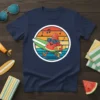 Watermelon surfer dude cartoon character with surfboard and sunglasses on a striped background, primary keyword included