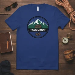 Watzmann t-shirt design with mountains, cabin, and hiking boots graphic, featuring the name Watzmann in text
