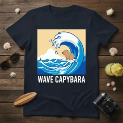 Wave Capybara T-Shirt design featuring a capybara surfing a blue wave with white foam. Text reads "WAVE CAPYBARA" below the