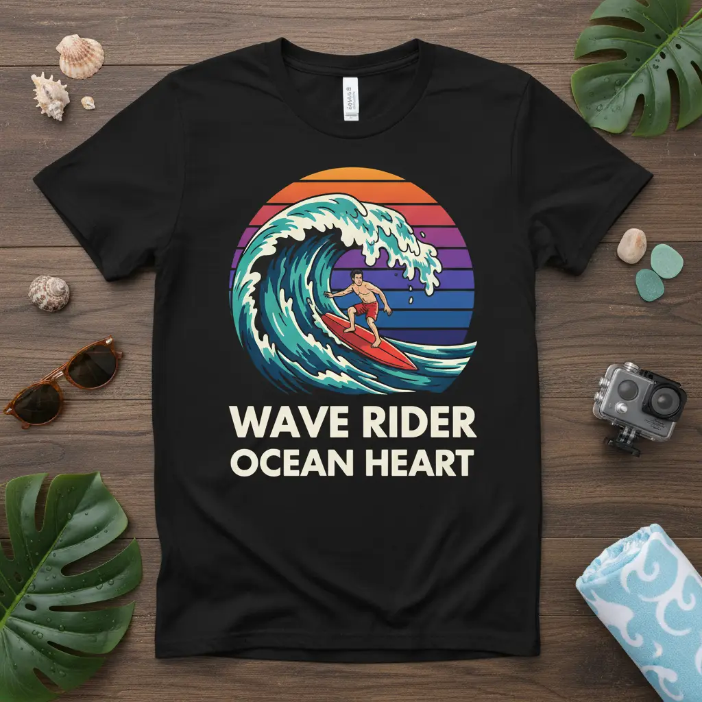 Wave Rider Ocean Heart text with surfer riding ocean wave graphic and sunset background on black t-shirt