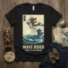 Wave Rider Spirit of the Samurai T-Shirt featuring a raccoon samurai riding a mythical creature over a shark and Mount