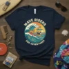 Wave Riders Dog Adventures t-shirt design featuring dogs surfing on waves with a sunset background