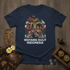 Wayang Kulit Indonesia text with traditional Javanese puppet graphic on a navy blue t-shirt