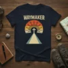 Waymaker Christian T-Shirt with vintage sunburst and cross graphic. Faith apparel for religious individuals