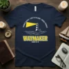 Navy t-shirt with "WAYMAKER ISAIAH 42:16" in yellow and white, surrounded by "PROMISE KEEPER LIGHT IN THE DARK MIRACLE WORKER"