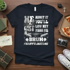 We Admit It You'll Low Key Kiss Me Bruho text with rocket, graduation cap, and pencils on a dark t-shirt
