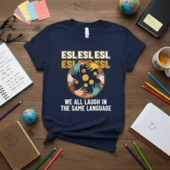 ESL teacher t-shirt with text "We All Laugh In The Same Language" and colorful hands forming a circle around smiling