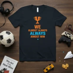 WE ALMOST ALWAYS ALWAYS AMOST WIN text design with broken trophy graphic on a black t-shirt