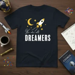 We are all DREAMERS t-shirt with a rocket, moon, and stars graphic in yellow and white on a navy blue