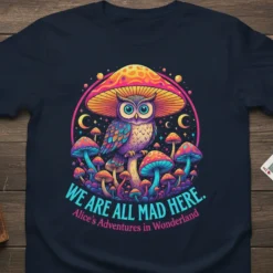 We Are All Mad Here Alice's Adventures in Wonderland t-shirt with colorful owl, mushrooms, and moons