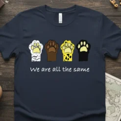 T-shirt with the text "We are all the same" above four diverse animal paw prints in white, brown, yellow spotted