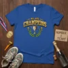 We Are Champions Number 1 Team t-shirt design with trophy and laurel wreath graphic
