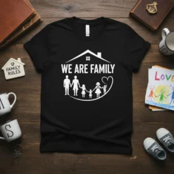 Black t-shirt with "WE ARE FAMILY" text and a silhouette of a family holding hands under a house icon
