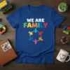 We Are Family t-shirt with colorful text and people holding hands in a circle graphic