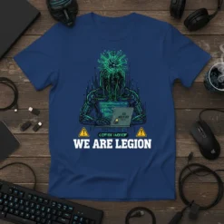 We Are Legion quote on a t-shirt featuring a cyberpunk hacker figure at a laptop, surrounded by code and circuits