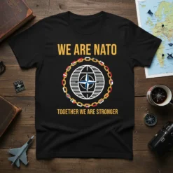 Black t-shirt with "WE ARE NATO TOGETHER WE ARE STRONGER" text and NATO emblem surrounded by flags and chains