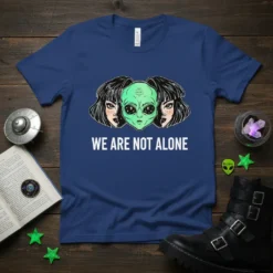 We Are Not Alone text with an alien head between two human faces on a navy blue t-shirt design