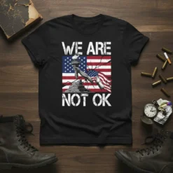 We Are Not Ok T-Shirt with distressed American flag and Statue of Liberty graphic, white distressed text