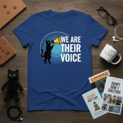 T-shirt with white text "WE ARE THEIR VOICE" and a black cat holding a yellow megaphone on a blue circular