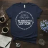 Navy t-shirt with "We Bonded Over Oxytocin" text and oxytocin molecule graphic in a circular design