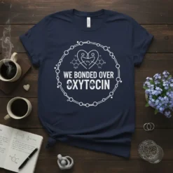 Navy t-shirt with "We Bonded Over Oxytocin" text and oxytocin molecule graphic in a circular design