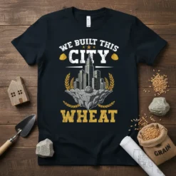 Black t-shirt with "We Built This City Wheat" text, featuring a cityscape on a rocky island surrounded by wheat stalks