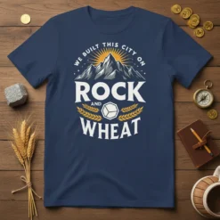 T-shirt with the text "WE BUILT THIS CITY ON ROCK AND WHEAT" featuring a mountain graphic and wheat stalks