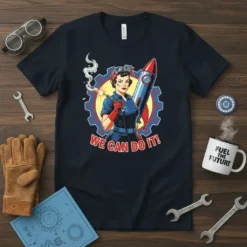 We Can Do It! quote t-shirt featuring Rosie the Riveter inspired woman welding, holding a rocket, and a gear background