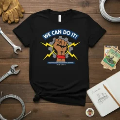 Black t-shirt with vintage "We Can Do It!" slogan, raised fist, gear, and lightning bolts, featuring "War Production Co-Ordinating Committee"