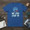 Blue t-shirt with "WE CAN END TB" text and lung graphic with a red 'X' marking it
