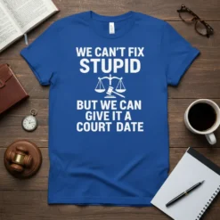 Blue t-shirt with white text "WE CAN'T FIX STUPID BUT WE CAN GIVE IT A COURT DATE" and a scales