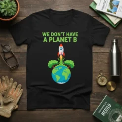 We Don't Have A Planet B quote with rocket launching from Earth graphic on black t-shirt