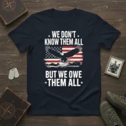 T-shirt with "We Don't Know Them All But We Owe Them All" text, eagle, American flag, and military vehicles graphic