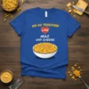 Blue t-shirt with yellow text "We Go Together Like" and a red heart, followed by "MAC AND CHEESE" and a