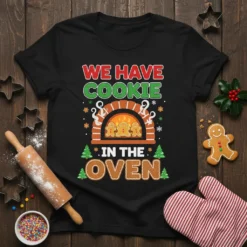 Black t-shirt with "WE HAVE COOKIE IN THE OVEN" text and gingerbread men in an oven graphic, festive holiday theme