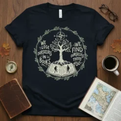 We Lose Ourselves In Books We Find Ourselves There Too quote on a navy t-shirt with tree and book graphic