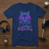 Cyberpunk fox with circuit board details and crossed game controllers on a navy blue t-shirt that says "We love Gaming"